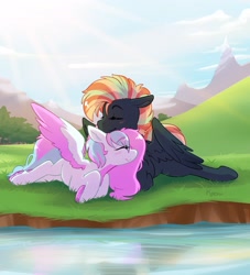 Size: 2893x3193 | Tagged: safe, artist:kaenn, derpibooru import, oc, oc only, oc:dyn, oc:treading step, pegasus, pony, colored wings, complex background, cute, duo, hooves, multicolored hair, multicolored mane, multicolored tail, multicolored wings, pegasus oc, pink mane, reflection, snuggling, tail, uwu, water, wings