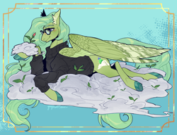 Size: 3000x2300 | Tagged: safe, artist:yuyusunshine, derpibooru import, oc, oc:dewdrop shy, pegasus, pony, clothes, cloud, female, glasses, mare, solo, sweater