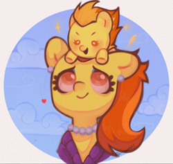 Size: 788x747 | Tagged: safe, artist:amaeeart, derpibooru import, spitfire, stormy flare, pony, baby, baby pony, cloud, cute, cutefire, duo, female, filly, filly spitfire, foal, heart, mother and child, mother and daughter, parent and child, pony hat, simple background, smiling, younger