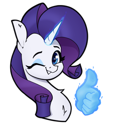 Size: 2900x3200 | Tagged: safe, artist:aquaticvibes, derpibooru import, rarity, pony, unicorn, bust, female, looking at you, magic hands, mare, one eye closed, simple background, smiling, smiling at you, solo, thumbs up, white background, wink, winking at you
