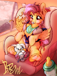 Size: 2400x3200 | Tagged: safe, artist:br0via, derpibooru import, fluttershy, pegasus, pony, baby, baby bottle, baby pony, bib, car, car seat, cute, female, filly, filly fluttershy, foal, pacifier, plushie, shyabetes, sitting, smiling, solo, younger