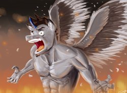 Size: 2930x2160 | Tagged: safe, artist:twigpaste, derpibooru import, oc, oc only, oc:twigs, anthro, pegasus, ear fluff, ears, feather, fire, male, rage, solo, spread wings, wings