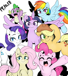 Size: 1156x1286 | Tagged: safe, artist:nekubi, derpibooru import, applejack, fluttershy, pinkie pie, rainbow dash, rarity, spike, twilight sparkle, twilight sparkle (alicorn), alicorn, dragon, earth pony, pegasus, pony, unicorn, cowboy hat, cute, female, flying, happy birthday mlp:fim, hat, looking at you, male, mane seven, mane six, mare, mlp fim's ninth anniversary, one eye closed, open mouth, simple background, spread wings, white background, wings