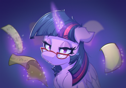 Size: 2000x1389 | Tagged: safe, artist:witchtaunter, derpibooru import, twilight sparkle, twilight sparkle (alicorn), alicorn, pony, chest fluff, ear fluff, ears, female, floppy ears, glasses, lidded eyes, looking at you, magic, mare, paper, simple background, solo, taxes, telekinesis, twilight sparkle is not amused, unamused