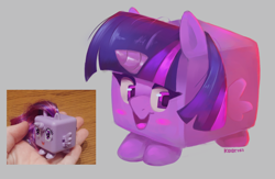 Size: 946x618 | Tagged: safe, artist:kooriki, derpibooru import, twilight sparkle, twilight sparkle (alicorn), alicorn, pony, blush sticker, blushing, cube, cube pony, cute, female, gray background, mare, open mouth, open smile, screencap reference, simple background, smiling, solo, toy interpretation, twiabetes, twicube