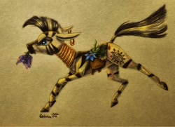 Size: 1972x1424 | Tagged: safe, artist:cahandariella, derpibooru import, zecora, zebra, colored pencil drawing, ear piercing, earring, female, filly, flower, foal, jewelry, necklace, newbie artist training grounds, piercing, running, solo, traditional art