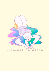 Size: 1423x2048 | Tagged: safe, artist:mscolorsplash, derpibooru import, part of a set, princess celestia, alicorn, anthro, breasts, cleavage, clothes, eyes closed, female, lying down, mare, nightgown, on back, princess breastia, simple background, smiling, solo, thighs, yellow background