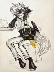 Size: 960x1280 | Tagged: safe, artist:tlen borowski, derpibooru import, oc, oc only, oc:deka, anthro, pegasus, unguligrade anthro, belt, clothes, colored wings, hoodie, monochrome, neo noir, partial color, pegasus oc, sitting, sketch, solo, traditional art, two toned coat, two toned mane, two toned wings, wings