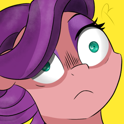 Size: 1080x1080 | Tagged: safe, artist:reinbou, derpibooru import, spoiled rich, earth pony, pony, :<, bust, eyeshadow, female, makeup, mare, shocked, shrunken pupils, signature, simple background, solo, yellow background