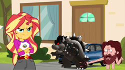 Size: 874x492 | Tagged: safe, artist:cloudy glow, derpibooru import, sunset shimmer, oc, oc:dark hematite bowser, human, equestria girls, legend of everfree, absurd resolution, barely pony related, bowser, camp everfree outfits, car, clothes, crossed arms, dark bowser, elemental bowsers, female, garrett bobby ferguson, high res, regular show, shorts, solo, subaru, vector