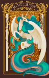 Size: 1195x1901 | Tagged: safe, artist:coypuppy, derpibooru import, princess celestia, alicorn, pony, g4, crown, eyes closed, female, hoof shoes, jewelry, mare, modern art, nouveau, princess shoes, regalia, signature, solo, spread wings, wings