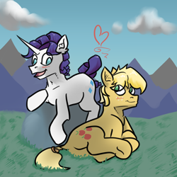 Size: 3000x3000 | Tagged: safe, artist:fumalunga, derpibooru import, applejack, applejack (male), elusive, rarity, earth pony, pony, unicorn, blushing, dock, duo, duo male, hatless, male, missing accessory, outdoors, rule 63, tail