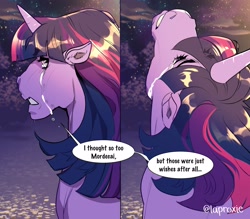 Size: 2048x1795 | Tagged: safe, artist:laproxie, derpibooru import, twilight sparkle, pony, unicorn, comic:morditwi tears of sadness, crossover, crossover shipping, crying, dialogue, female, implied mordecai, looking back, looking up, male, mordetwi, regular show, shipping, solo, straight