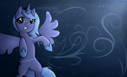 Size: 2800x1700 | Tagged: safe, artist:zeffdakilla, derpibooru import, princess luna, alicorn, pony, belly, date (time), flying, gradient background, looking at you, raised hoof, raised leg, s1 luna, signature, solo, spread wings, wallpaper, wings