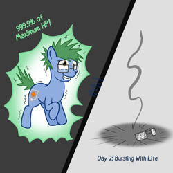 Size: 1200x1200 | Tagged: safe, artist:phallen1, derpibooru import, oc, oc only, oc:software patch, earth pony, pony, 2 panel comic, atg 2023, comic, death, disintegration, dungeons and dragons, healing, newbie artist training grounds, overhealed, pen and paper rpg, rpg, simple background, smoke, solo, this ended in death