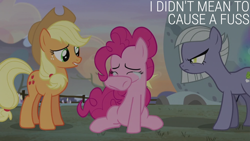 Size: 2000x1125 | Tagged: safe, derpibooru import, edit, edited screencap, editor:quoterific, screencap, applejack, limestone pie, pinkie pie, earth pony, pony, hearthbreakers, crying, eyes closed, female, mare, trio, trio female