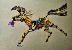 Size: 2460x1704 | Tagged: safe, artist:cahandariella, derpibooru import, zecora, zebra, colored pencil drawing, ear piercing, earring, female, filly, flower, foal, jewelry, piercing, running, solo, traditional art