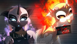 Size: 4096x2348 | Tagged: safe, artist:magnaluna, derpibooru import, daybreaker, nightmare moon, alicorn, pony, barbie mugshot meme, cute, duo, ears, ethereal mane, female, floppy ears, high res, looking at you, mane of fire, mare, meme, moonabetes, mugshot, open mouth, open smile, sharp teeth, siblings, signature, sisters, smiling, smiling at you, teeth