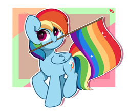 Size: 3928x3401 | Tagged: safe, artist:kittyrosie, derpibooru import, rainbow dash, pegasus, pony, abstract background, cute, dashabetes, female, flag, folded wings, graveyard of comments, heart, high res, mare, mouth hold, pride, pride flag, pride month, raised hoof, raised leg, simple background, solo, wings