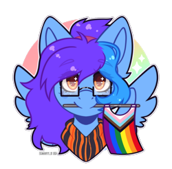 Size: 1026x1011 | Tagged: safe, artist:sailorr_s, derpibooru import, oc, oc only, oc:angley, pegasus, clothes, commission, glasses, hairband, hoodie, pride, pride flag, simple background, solo, transparent background, ych result