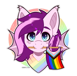 Size: 1026x1011 | Tagged: safe, artist:sailorr_s, derpibooru import, oc, oc only, oc:plum taffy, bat pony, commission, fangs, pride, pride flag, simple background, solo, transparent background, ych result