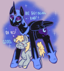 Size: 1800x2000 | Tagged: safe, artist:tottallytoby, derpibooru import, derpy hooves, nightmare moon, princess luna, alicorn, pegasus, pony, crack shipping, dialogue, duo, female, horn, lesbian, lunaderp, overprotective, shipping, wings
