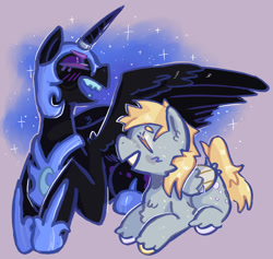 Size: 1330x1260 | Tagged: safe, artist:tottallytoby, derpibooru import, derpy hooves, nightmare moon, princess luna, alicorn, pegasus, pony, crack shipping, duo, female, horn, lesbian, lunaderp, shipping, wings