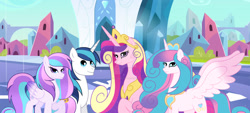 Size: 1024x464 | Tagged: safe, artist:velveagicsentryyt, derpibooru import, princess cadance, princess flurry heart, shining armor, oc, oc:chryssa, alicorn, pegasus, pony, deviantart watermark, family, female, male, mare, obtrusive watermark, offspring, older, older flurry heart, parent:princess cadance, parent:shining armor, parents:shiningcadance, shiningcadance, shipping, spread wings, stallion, straight, watermark, wings