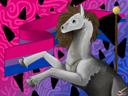 Size: 2000x1500 | Tagged: safe, artist:messengertm, derpibooru import, oc, oc only, oc:cj vampire, earth pony, pony, ambiguous gender, artfight, artfight gift exchange, bisexual pride flag, demibisexual, demisexual pride flag, fanart, gift art, gift exchange, green eyes, half body, halfbody, heterochromia, lgbt, present, pride, pride flag, pride month, solo