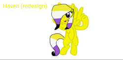 Size: 908x445 | Tagged: safe, derpibooru import, oc, oc only, oc:haven, pegasus, pony, base used, flying, multicolored hair, multicolored tail, nonbinary, nonbinary pride flag, open mouth, pride, pride flag, purple eyes, simple background, solo, tail, text, white background, yellow coat