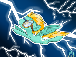 Size: 3000x2230 | Tagged: safe, artist:notadeliciouspotato, derpibooru import, lightning dust, pegasus, pony, atg 2023, female, flying, goggles, gradient background, lightning, mare, newbie artist training grounds, signature, smiling, solo, spread wings, wings