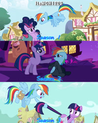 Size: 2458x3072 | Tagged: safe, derpibooru import, edit, edited screencap, editor:itsmgh1203, screencap, rainbow dash, twilight sparkle, unicorn twilight, pegasus, pony, unicorn, friendship is magic, games ponies play, read it and weep, season 1, season 2, season 3, :o, bag, duo, duo female, ears, eyebrows, female, floppy ears, flying, frown, golden oaks library, mare, messy mane, night, open mouth, raised eyebrow, saddle bag, smiling, spread wings, tail, tail pull, text, wings
