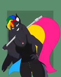 Size: 3264x4096 | Tagged: safe, artist:inisealga, derpibooru import, oc, oc only, oc:fae lagoon, anthro, hybrid, kelpie, abstract background, clothes, female, jewelry, mare, necklace, pride, pride flag, solo