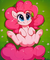 Size: 1280x1536 | Tagged: safe, ai content, derpibooru import, editor:nightluna, generator:purplesmart.ai, generator:stable diffusion, machine learning generated, pinkie pie, earth pony, pony, cute, diapinkes, eyelashes, featureless crotch, female, flower, frog (hoof), full body, grass, lying down, neck fluff, on back, prompter:nightluna, smiling, solo, spread legs, spreading, underhoof