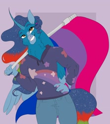 Size: 3645x4096 | Tagged: safe, artist:inisealga, derpibooru import, oc, oc:blue sky, alicorn, anthro, alicorn oc, bisexual, bisexual pride flag, commission, female, horn, mare, pride, pride flag, pride month, wings, ych result