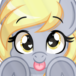 Size: 2000x2000 | Tagged: safe, alternate version, artist:emberslament, derpibooru import, derpy hooves, pegasus, pony, :p, cute, female, happy, heart, heart eyes, licking, licking the fourth wall, mare, simple background, tongue, tongue out, transparent background, underhoof, wingding eyes