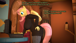 Size: 1920x1080 | Tagged: safe, artist:rexyvexi, derpibooru import, fluttershy, anthro, pegasus, series:fluttershy's new amulet, amulet, big breasts, box, breasts, clothes, door, female, females only, jewelry, text, wings