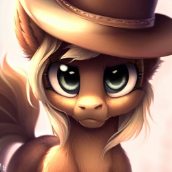 Size: 1024x1024 | Tagged: safe, ai content, derpibooru import, generator:dall-e 2, machine learning generated, applejack, earth pony, pony, bust, cowboy hat, ear fluff, ears, fluffy, hat, looking at you, portrait, serious, simple background, solo, stern, white background