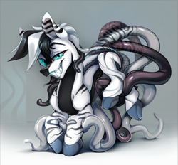 Size: 2242x2085 | Tagged: safe, artist:mithriss, derpibooru import, oc, oc only, monster pony, pony, fangs, looking at you, male, shapeshifter, simple background, smiling, smiling at you, solo, stallion, stripes, teeth, telling lies, tentacles