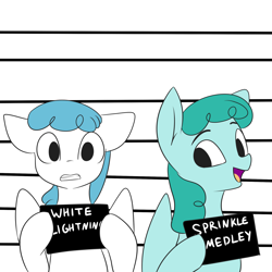 Size: 2000x2000 | Tagged: safe, artist:fv0003, derpibooru import, lightning bolt, white lightning, pegasus, pony, barbie mugshot meme, duo, female, mare, meme, mugshot, spinkle medley