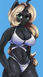 Size: 518x925 | Tagged: safe, artist:ryanmandraws, derpibooru import, oc, oc only, oc:recina, anthro, changeling, changeling queen, anthro oc, bikini, blue background, changeling queen oc, clothes, simple background, solo, swimsuit