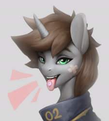 Size: 1879x2090 | Tagged: safe, artist:dashid, derpibooru import, oc, oc:littlepip, pony, unicorn, fallout equestria, clothes, cute, cute little fangs, fangs, female, horn, jumpsuit, mare, party time mintals, pony oc, solo, tongue, tongue out, unicorn oc, vault suit