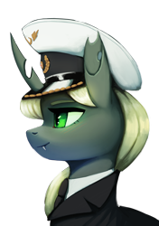 Size: 2000x2846 | Tagged: safe, artist:mrscroup, derpibooru import, oc, oc only, oc:recina, changeling, equestria at war mod, blushing, bust, changeling oc, clothes, fangs, portrait, simple background, solo, transparent background