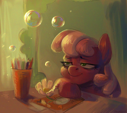 Size: 1700x1500 | Tagged: safe, artist:jewellier, derpibooru import, cheerilee, earth pony, pony, bags under eyes, bubble, bust, cup, female, flower, mare, notebook, pencil, portrait, solo, teacher, tired, vent art