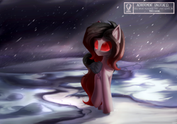 Size: 2000x1410 | Tagged: safe, artist:rainydark, derpibooru import, oc, oc only, pegasus, achievement, black wings, brown hair, digital art, game, gift art, light, looking up, male, night, pegasus oc, red eyes, road, shadow, snow, snowfall, walking, walking away, wings, winter