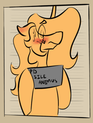 Size: 1500x2000 | Tagged: safe, artist:sile-animus, derpibooru import, oc, oc only, oc:sile, unicorn, barbie mugshot meme, bipedal, blushing, male, meme, monochrome, mugshot, solo, sweat, text