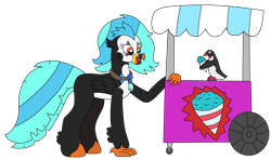 Size: 3181x1879 | Tagged: safe, artist:supahdonarudo, derpibooru import, oc, oc only, oc:icebeak, bird, classical hippogriff, hippogriff, penguin, atg 2023, bowtie, food, food stand, holding, jewelry, necklace, newbie artist training grounds, simple background, snowcone, transparent background