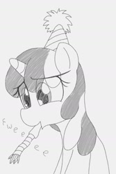 Size: 1080x1620 | Tagged: safe, artist:datte-before-dawn, oc, oc only, oc:righty tighty, pony, unicorn, birthday, eye clipping through hair, female, grayscale, hat, horn, mare, monochrome, onomatopoeia, party hat, party horn, sad, solo, sound effects, unicorn oc