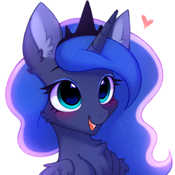 Size: 3000x3000 | Tagged: safe, artist:pesty_skillengton, derpibooru import, princess luna, alicorn, pony, blushing, chest fluff, crown, cute, ear fluff, ears, female, heart, jewelry, lunabetes, mare, open mouth, open smile, regalia, simple background, smiling, solo, white background