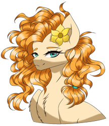 Size: 887x1026 | Tagged: safe, artist:galaxynight100, derpibooru import, pear butter, earth pony, g4, 2d, cyan eyes, deviantart link, female, flower, flower in hair, looking to side, looking to the left, mare, orange mane, orange skin, png, simple background, solo, transparent background